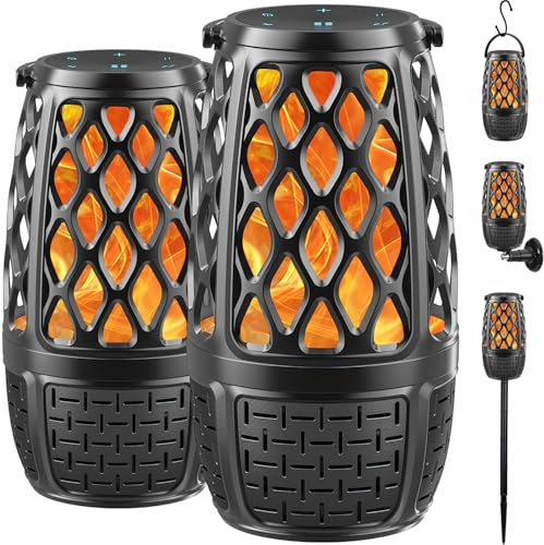 Paquete de 2 altavoces Bluetooth para exteriores, altavoces Bluetooth multisincronización actualizados con luz de llama, sonido estéreo HD de 360° integrado, gadgets Cool Tech mejorados IPX7
