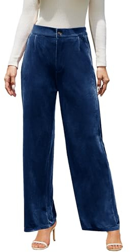 Rasutina Women's Wide Leg Velvet Pants Dress Palazzo Pants for Women Stretchy Velour Pants Trousers Large Navy Blue