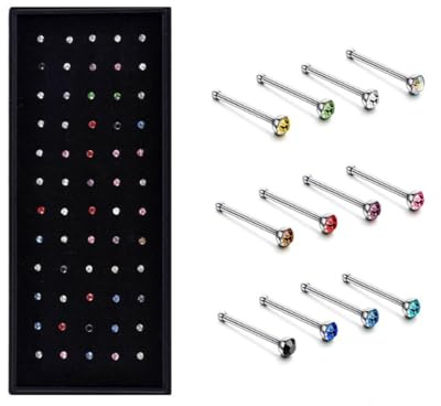 KGDUYC 60 pcs nasenpiercing stecker,Mehrfarben piercing Nase,Nasenstecker Nasenpiercing Kristall-Strass-Schüttg Knochen gerade Stolzenstangenstiftstahl aus Edelstahl Nasenring