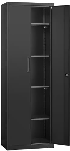 SONGMICS Armadietto Garage a 5 Ripiani con 2 Ante, Armadio Ufficio, 40 x 60 x 180 cm, 1 Serratura, Ripiani Regolabili, Armadio Metallo, Nero Opaco OMC014B01