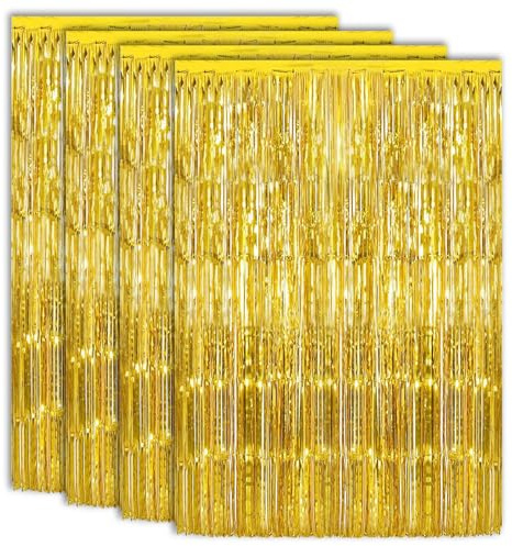 Lametta Vorhang Gold 1m x 2m Glitzer Folien Vorhang Geburtstag Glitzervorhang Lametta 4 Stück Tinsel Curtain für Geburtstagsfeier