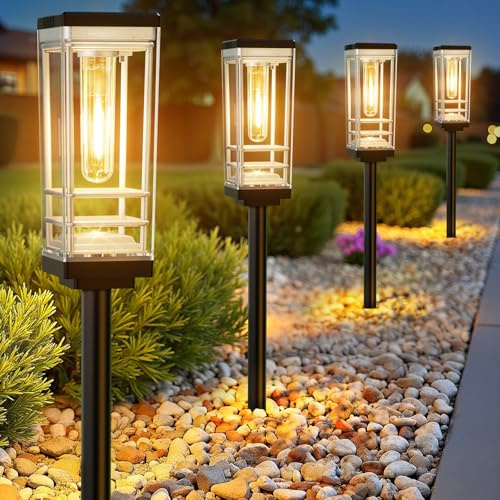 BUCASA Lampe Solaire Exterieur Jardin 6 Pièces, 2X Grand, brillant Lumiere Solaire Exterieur avec LED Blanc chaud, 12 Heures d'autonomie Lampes Solaires pour Pelouse, Terrasse, Cour, Cadeaux