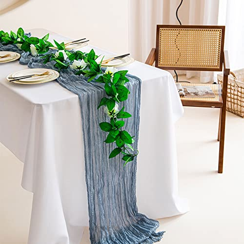 Boho Gaze Käsetuch Chiffon Dusty Blau Tischläufer 90x300 cm, Gaze Rustikal Tischläufer Küche Tisch Dekoration Drinnen Urlaub Hochzeit Party Geburtstag Dekor