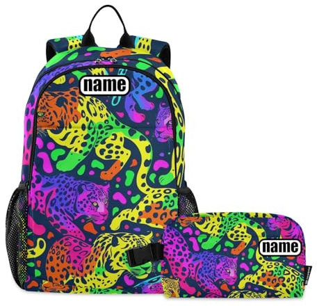 tplaotee Mochilas infantiles de guepardos de colores neón con fiambrera, bolsas de libros personalizables para niños con bolsa de almuerzo, mochila escolar con lonchera 10-12, Guepardos de color neón,