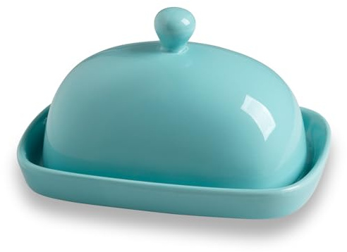 Sweejar Home Ceramic Butter Dish with Lid for Countertop,Porcelain Butter Keeper with Knob Handle,Butter Container for East/West Coast Butter, 7.3*4.1 inches (Turquoise)