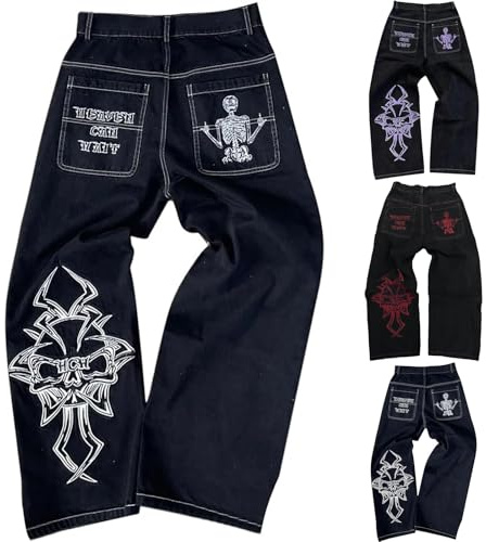 Minus Twos Cargo Baggy Jeans Hommes, Jean Large Y2k Imprimé Hip Hop Combat Streewear Vintage Lâche Pantalon Homme Jeans Décontracté Parfait pour L'école Adolescent Les Courses De Rue