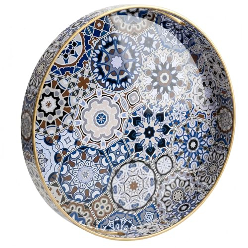 Simmer Stone Vassoio decorativo rotondo, in plastica marmorizzata con manici, moderno per ottomana, tavolino, cucina e bagno, dimensioni 33 cm (stile bohémien)