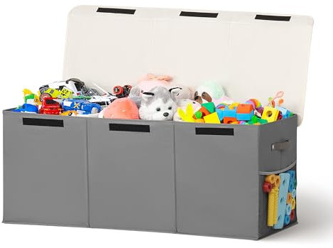 ADEHMDA Large Toy Box, Toy Box Storage with Lid, Collapsible Sturdy Toy Chest Box for Girls and Boys, Nursery Room and Living Room, 39.5x13 x16(grey)-Gift for Kids