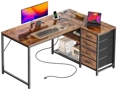 PRAISUN 43.3 Small L Shaped Desk with Power Outlets & 4 Drawers