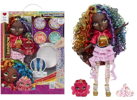 Rainbow High Rainbow Shimmers with Slime - Iris - 28 cm Modepuppe mit 1 Schleim-Set und1 Chamäleon-Haustier, Geeignet für Kinder ab 4 Jahren
