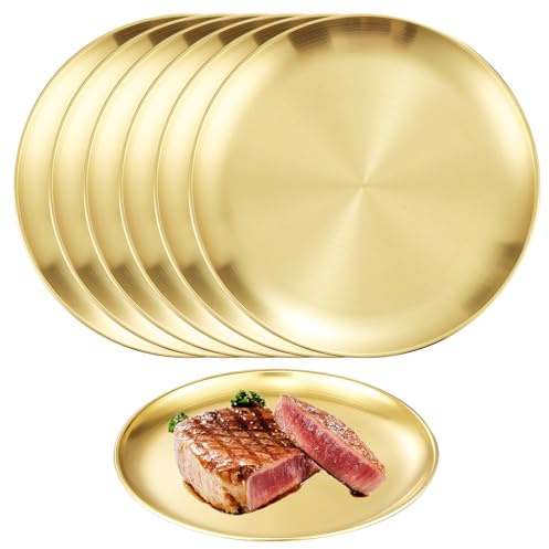6 Stück Gold Edelstahl Teller: Runde Speiseplatte Edelstahl Geschirr, Camping Teller Servierteller, Pastateller Rundes Tablett, für Küche Camping Picknick Party Restaurant (Ø 17cm)