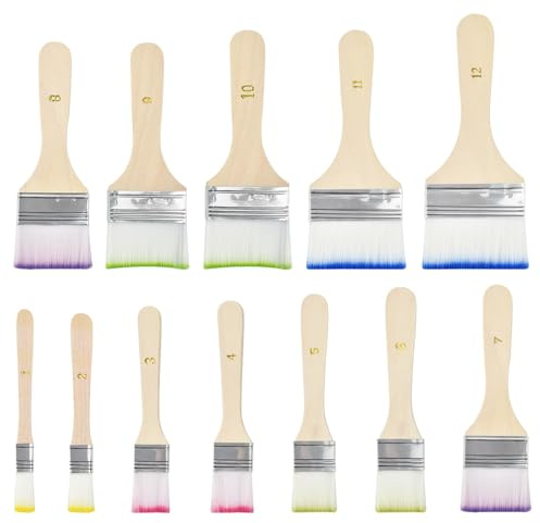 Huucozn 12 Stück Breit Flachpinsel Set Pinselset Acrylfarben Malpinsel Haarpinsel Set Lasurpinsel Breit Pinsel Holzlasur Ölfarben Pinsel Set mit Holzgriffe für Ölgemälde Malen Acrylmalerei Pinselset