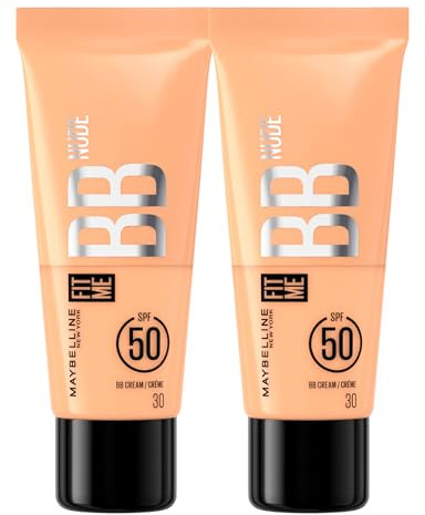 Maybelline New York Fit Me BB Cream Nude, Farbe 30, LSF 50, spendet Feuchtigkeit, schützt die Haut, deckt Unvollkommenheiten ab, natürliches und glänzendes Finish – 2 Flaschen à 30 ml