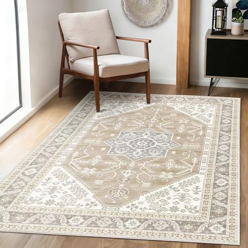 Achiiso Beige Low Pile Rug,60x120cm Small Area Rugs for Kitchen,Washable Short Pile Rugs Living Room,Vintage Carpet for Entryway,Dining Room,Lounge,Soft Indoor Bedroom Rug,Light Cream Beige