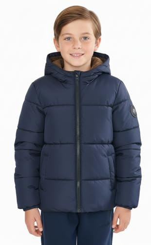 Sunny Sprout Manteau garçon hiver - Doudoune épaisse avec capuche polaire et manches coupe-vent Marine 7 ans
