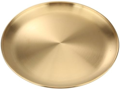 Gold Serving Tray, Stainless Steel Metal Decorative Tray, Decorative Round Elegant Dinner Plate, Microwave & Dishwasher Safe, Ideal for Camping Picnics and Outdoor Use (23cm)