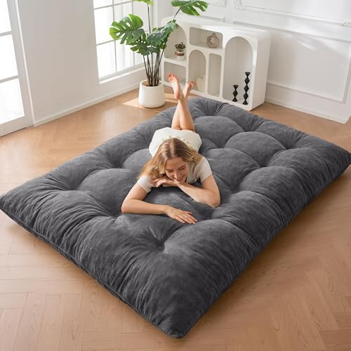 MAXYOYO Futonmadrass, Chenille-tyg, 15 cm tjock, upprullad futon bäddsoffa fyllt strimlat skum, hantverk med knappar, praktisk hopfällbar golvmadrassdyna (ram ingår inte)