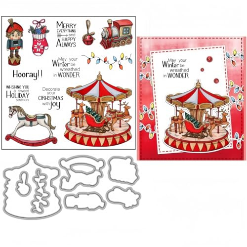 Sredwtk Rotierende Trojaner Weihnachten Stanzschablonen und Stempelset,Stempel und Stanzen Set,Silikonstempel und Stanzen Set,Clear Stamp und Stanzschablone Für DIY Scrapbooking Fotoalbum Dekor Karten