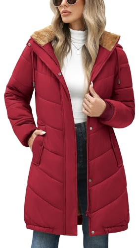 Yuson Girl Blouson Femme Hiver Manteau Matelassé à Capuche Polaire Doublé Veste Mi-Longue Légère Chaude Coupe Vent Parka Manteaux Zippé Décontracté Outercoat avec Poches(Bordeaux, XL)