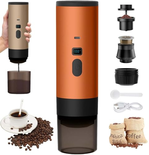 PZCC 3 en 1 Máquina de Café Portátil, 72W Cafetera Portátil, 12V Cafetera de Espresso Recargable, USB Cafeteras de Espresso con Cápsulas, Depósito de Agua 90ml, Para Oficina Camping Coche Viaje