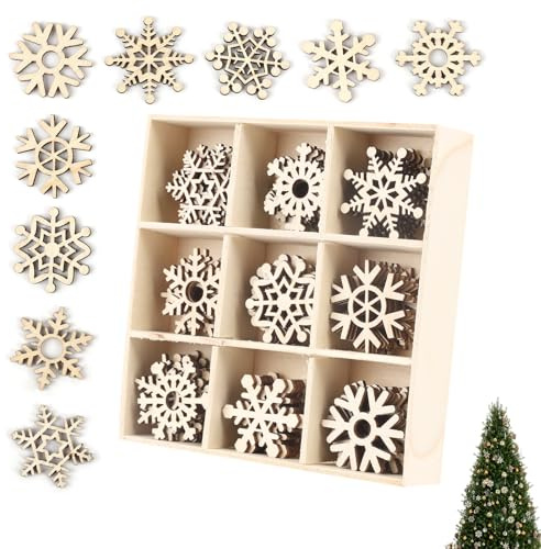 72 PCS Weihnachtsbaumschmuck Holz, Schneeflockenmotiv Weihnachtsschmuck aus Holz, DIY Bastelornamente für Weihnachtsbaum und Winterdekoration