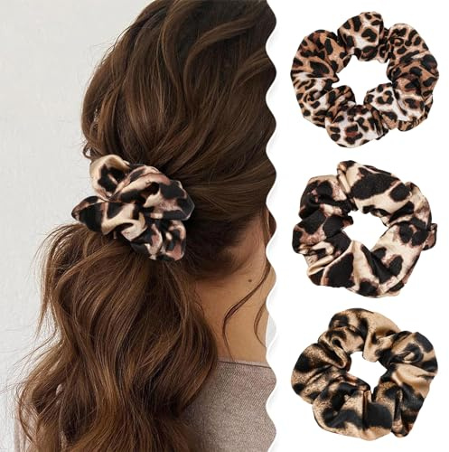 Calkkrer 3 Stück Elegante Vintage Scrunchies, Leopard Muster Haargummis, Seiden Stoff Zopfgummi Für Pferdeschwanz, Alltag, Teezeremonie, Damen Haar Zubehör