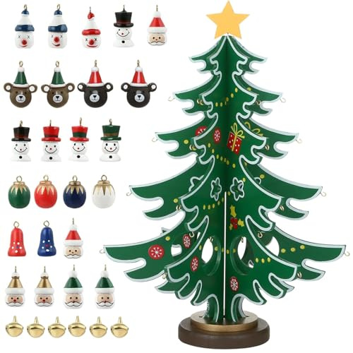 Mini Sapin de Noël en Bois, Arbre de Noël Décoration de Table pour Noël avec Ornements d'arbre, avec 30 Ornements Mini Sapin de Noël en Bois, pour Decorations Noel Table Cadeaux Enfants