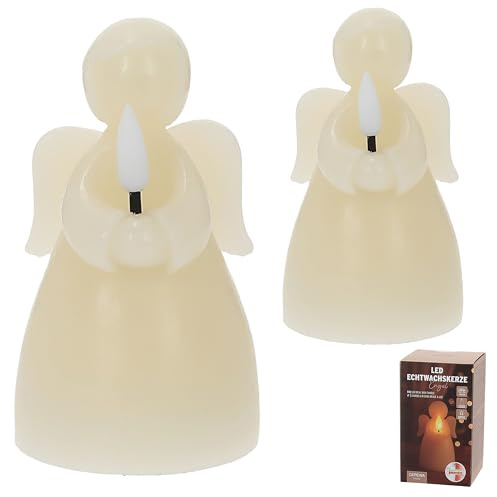 Cepewa Set di 2 candele a LED in vera cera, motivo angelo, 7 x 12 x 7 cm, funzione tremolante, funzionamento a batteria, angelo di Natale (1 set di 2 angeli a LED)