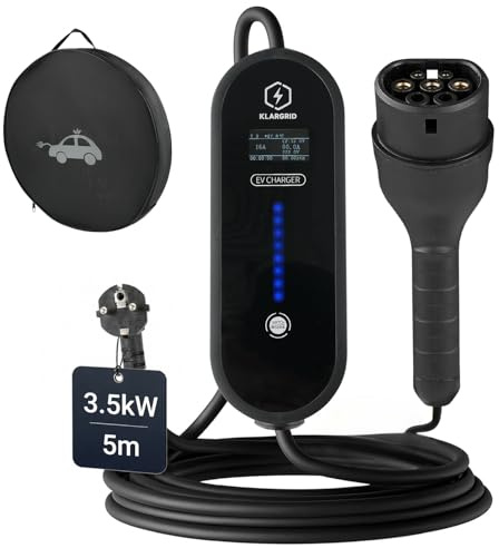 KLARGRID Typ 2 Ladekabel Schuko 3,5KW | 8A/10A/13A/16A | 5m | IP54 | Steuerbare Digitalanzeige | Verzögerungsstart & Stromregelung | Für Elektroauto & PHEV