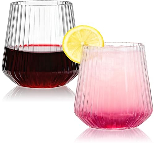 LOMTOM 2 Pack Set PET Wine Glasses Reusable,14oz/ 400ml Stemless Ribbed Plastic Cocktail Wine Glasses BPA-Free,Unbreakable Drinking Glasses Tumblers for Champagne,Coffee,Juice,Milk Dinner Party Picnic