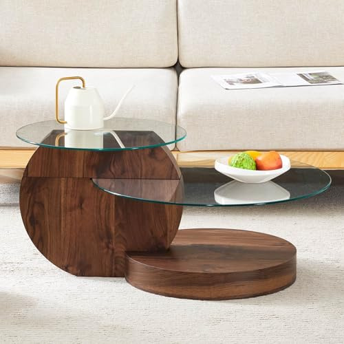 EURHCIO Table Basse Ronde Bois 90x70x44cm,Table D'appoint avec Conception à Double Vitrage,Base Robuste en MDF,pour Bout de Canape,Bureau,Salon(C-Noyer)