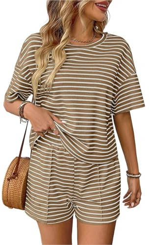 crazy bean Tuta Donna Sportiva Completi Estivi Donna 2 Pezzi Elegante a Righe Spiaggia Set Pantaloncini Corto e Maglietta Casual Cachi M