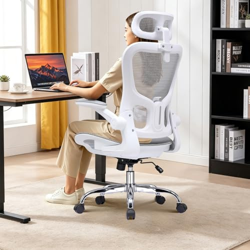 COMHOMA Kontorsstol, skrivbordsstol, ergonomisk nätstol, med dubbla lager nättyg, andas, adaptiv ländryggsstöd, justerbart nackstöd, för hemmakontor, snurrstol 150 kg, vit
