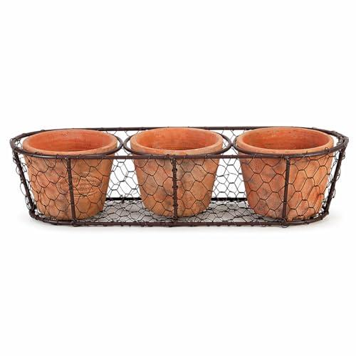 ReWu 3 Terracotta Töpfe im Drahtkorb, handgefertigtes Pflanztopf Set mit Logo, Kräutertöpfe aus Terracotta und Weichstahl, je 0,3 Liter, dekorativ für Küche, Fensterbank und geschützten Außenbereich