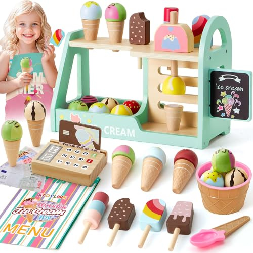 Eisdiele Kinder Holz, Kaufmannsladen Zubehör mit Kaufmannsladen Kaufladen Zubehör Spielgeld Einkaufsladen, EIS Spielzeug Rollenspiel Geschenk für Mädchen Junge Kinder 3 4 5 6 Jahre