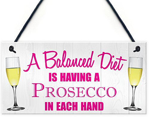 Red Ocean Balanced Diet Prosecco Hanging Plaque Home Bar Kitchen Shed Alchohol Sign