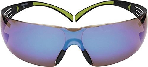 Schutzbrille Bügel schwarz grün, EN166, PC blau verspiegelt