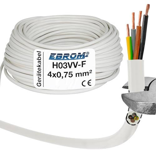 EBROM Schlauchleitung Gerätekabel -RUND- H03VV-F 4x0,75 mm², weiß, 100 m | von 5 bis 250 Meter flexibel - 4x0,75 mm2 - z.B. für Elektrogeräte, Steuerungen oder Antriebe, für leichte Beanspruchungen