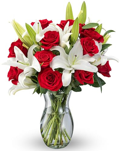 Benchmark Bouquets - Oriental Lily Flower & Red Roses Bouquet - Fresh Flowers for Delivery - Real Flowers in a Vase - Romantic Gift Set - Gift for Anniversary (Glass Vase Included)