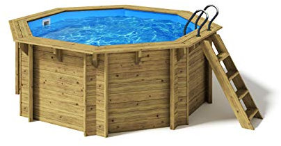 Paradies Pool® Holzpool Kalea Einzelbecken, Edelstahlleiter Tiefbecken, Blaue Folie mit 0,8mm Stärke, Achteck-Pool, 354 x 118 (Ø x H), Menge: 1 Stück