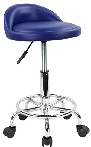 KKTONER Rollhocker Bürostuhl Drehstuhl, höhenverstellbarer, Drehhocker mit niedriger Rückenlehne und Fußstütze, aus PU Leder Blau