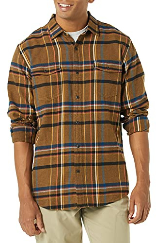 Amazon Essentials Men's Långärmad flanellskjorta med två fickor normal passform, Tobaksbrun Rutig, M