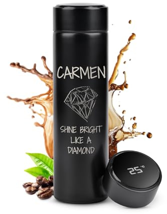 Maverton Thermobecher Kaffeebecher 450 ml - Isolierbecher personalisiert - 100% dicht - Led Temperatur Anzeige - aus Edelstahl - Geschenk für Frauen - schwarz - Diamant