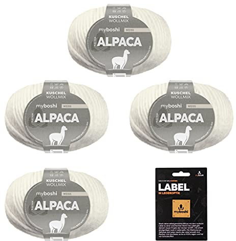 myboshi Alpaca-Wolle inkl. original Label in Lederoptik, zum Häkeln/Stricken, temperaturregulierend, angenehm weich, für Damenoberbekleidung Weiß (Weiß), 4 Knäuel