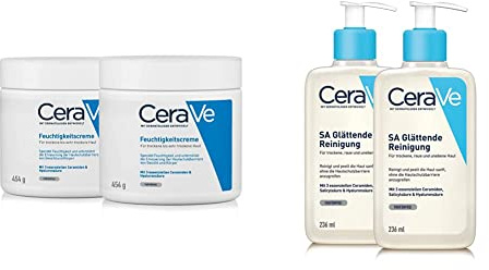 CeraVe Feuchtigkeitscreme für Körper und Gesicht, 2 x 454g & SA Glättende Reinigung für Gesicht und Körper, Für trockene, raue und unebene Haut, Mit Hyaluron, 2 x 236ml