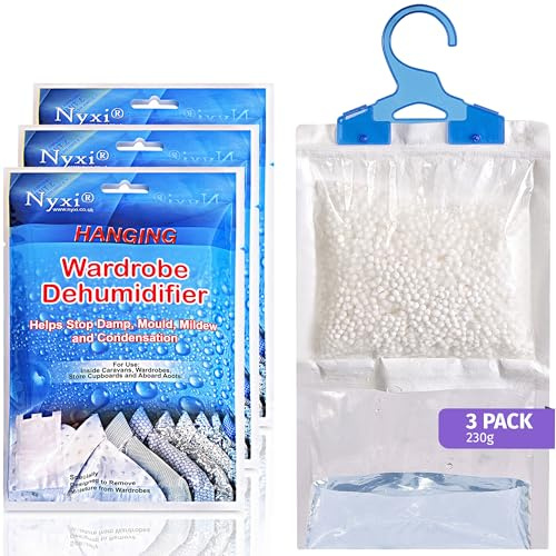 Nyxi Set of 3 Hanging Interior Wardrobe Dehumidifier - 230g Each Bag - Ideal to stop damp, mould mildew & condensation- For Wardrobe, Home, Kitchen, Garage, Bedroom, Caravan, Office, Basement etc
