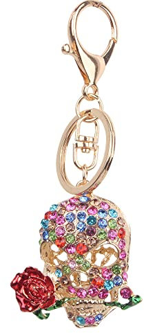 Canarea Schlüsselanhänger mit Anhänger Glitzer Strass Skelett mit Blumen Dekor Taschenanhänger Süß Bling Keychain Ring Dekor für Handtasche Schlüssel AutoSchlüssel (Bunt)