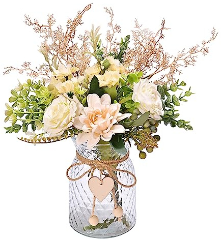 Yorkmills Artificial Flowers with Vase, Autumn Spring Decor | White Silk Roses Flower Arrangement Fake Faux Flower in Vase,Table Centerpieces for Room Office Kitchen Shelf