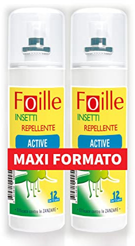 Foille Insetti Repellente Active con Icaridina al 20%, contro Zanzare, zecche e flebotomi, Efficacia immediata e Durata fino a 12 ore con due applicazioni, Pack due confezioni da 100 ml