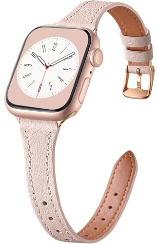 CeMiKa Bracelet Cuir Etroit Compatible avec Apple Watch 42mm 44mm 45mm 46mm | Bracelet Cuir Classique de Remplacement pour Apple Watch SE3 SE Series 11 10 9 8 7 6 5 4 3, Femmes Hommes, Rose